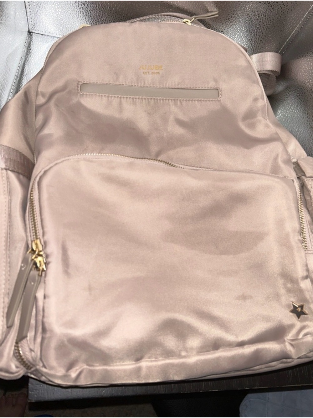 Ju-Ju-Be Baby Bag Blush/Cream Satin Backpack with Gold Hardware EUC